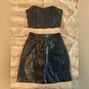 Vintage black genuine leather corset strapless top and matching skirt
